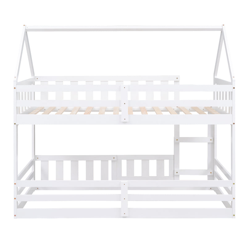 Twin over Twin House Bunk Bed with Fence and Door, White