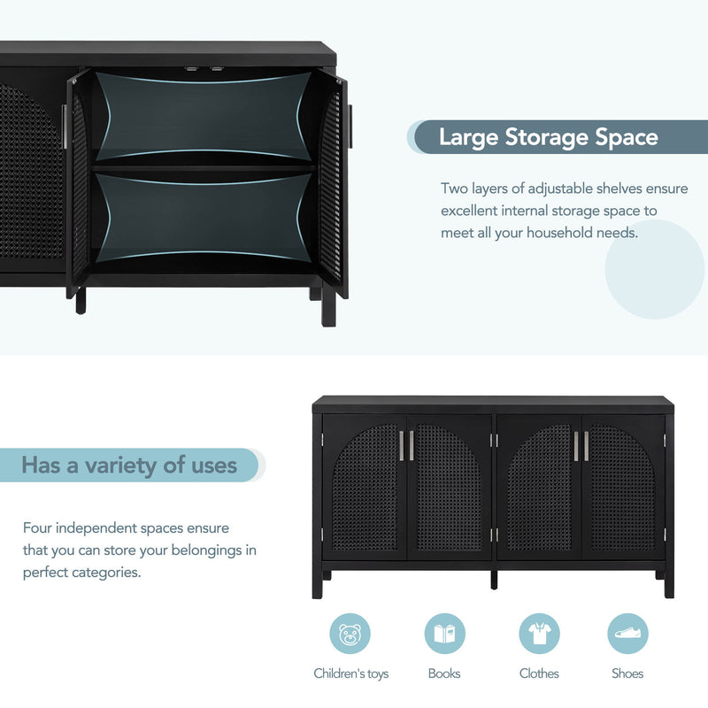 Large Storage Space Sideboard With Artificial Rattan Door And Metal Handles For Living Room And Entryway - Black