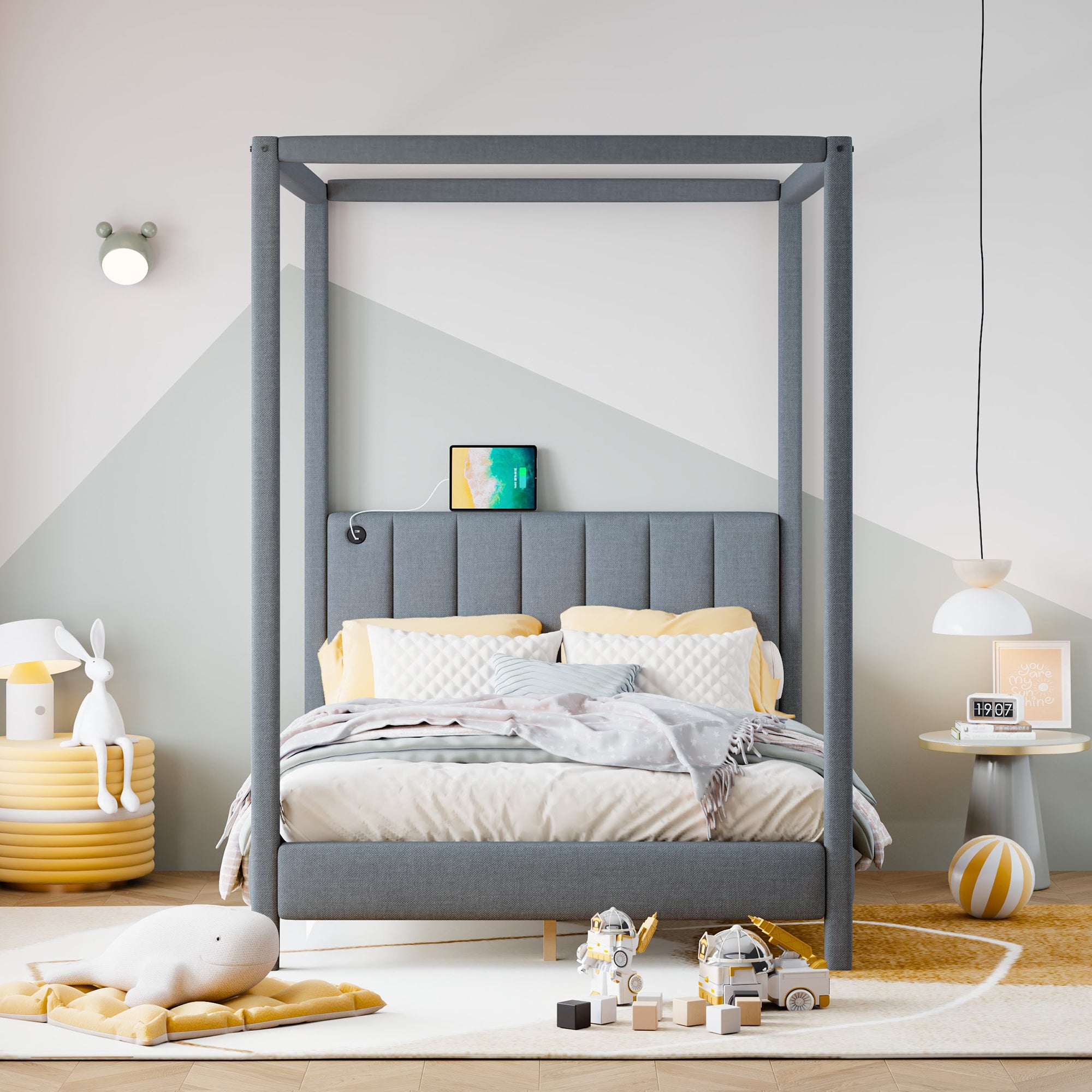 Full Size Canopy Platform Bed with USB and Type-C Ports, Canvas, Gray - Atlantic Fine Furniture Melbourne FL