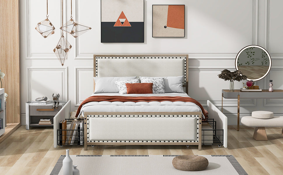 Queen Size Upholstered Platform Bed with Nailhead Decoration and 4 Drawers, Brown - Atlantic Fine Furniture Melbourne FL