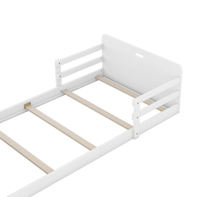 Twin Size Floor Bed with Storage Footboard and Guardrail, White