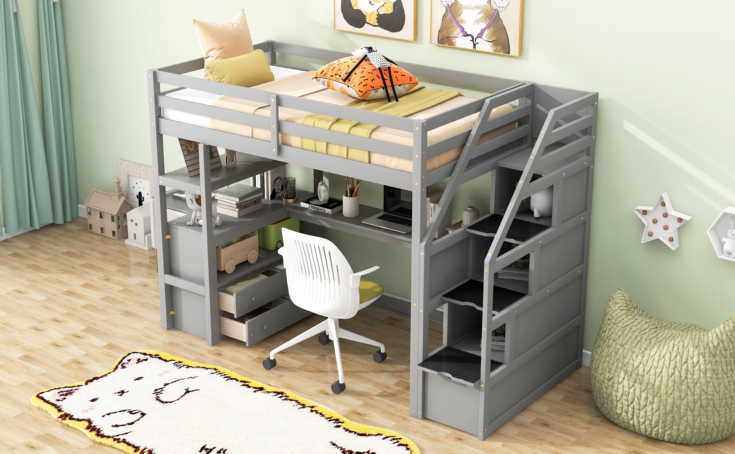 Twin Size Loft Bed with Desk and Shelves, Two Built-in Drawers, Storage Staircase, Gray - Atlantic Fine Furniture Melbourne FL