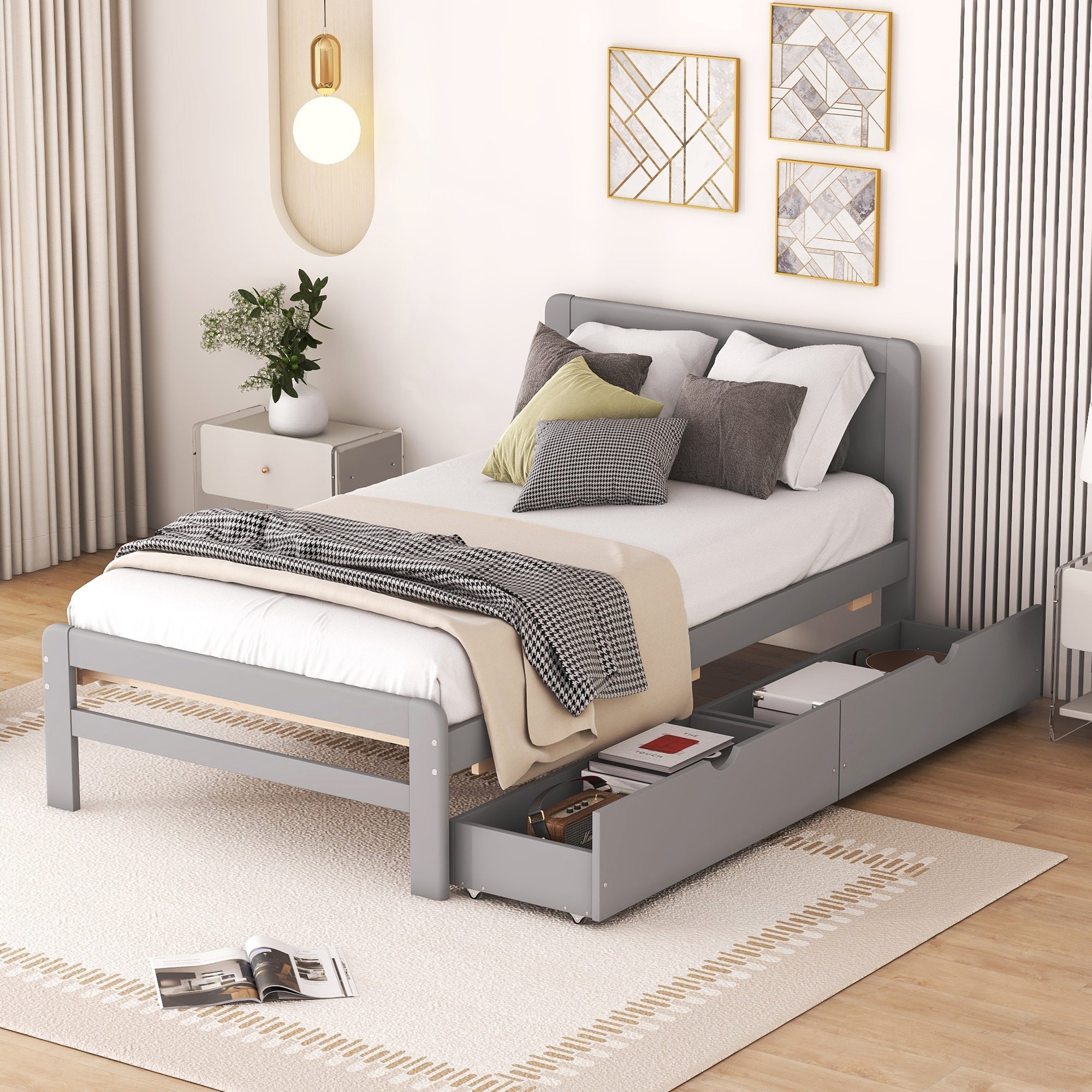 Modern Design Twin Size Platform Bed Frame with 2 Drawers for Grey Color - Atlantic Fine Furniture Melbourne FL