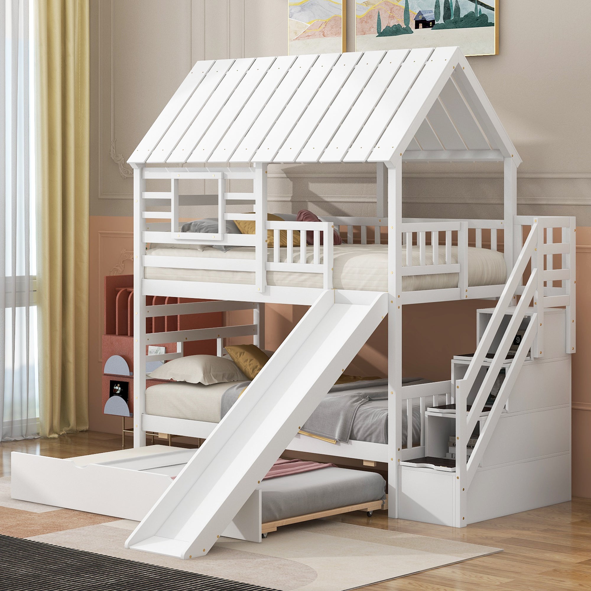 Twin over Twin House Bunk Bed with Trundle and Slide, Storage Staircase, Roof and Window Design, White(Old SKU: GX000931AAK) - Atlantic Fine Furniture Melbourne FL