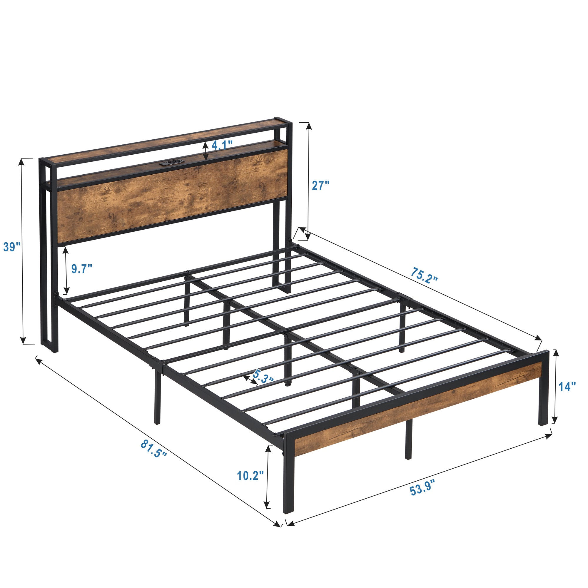 Full Size Metal Platform Bed Frame with Wooden Headboard and Footboard with USB LINER, No Box Spring Needed, Large Under Bed Storage, Easy Assemble - Atlantic Fine Furniture Melbourne FL