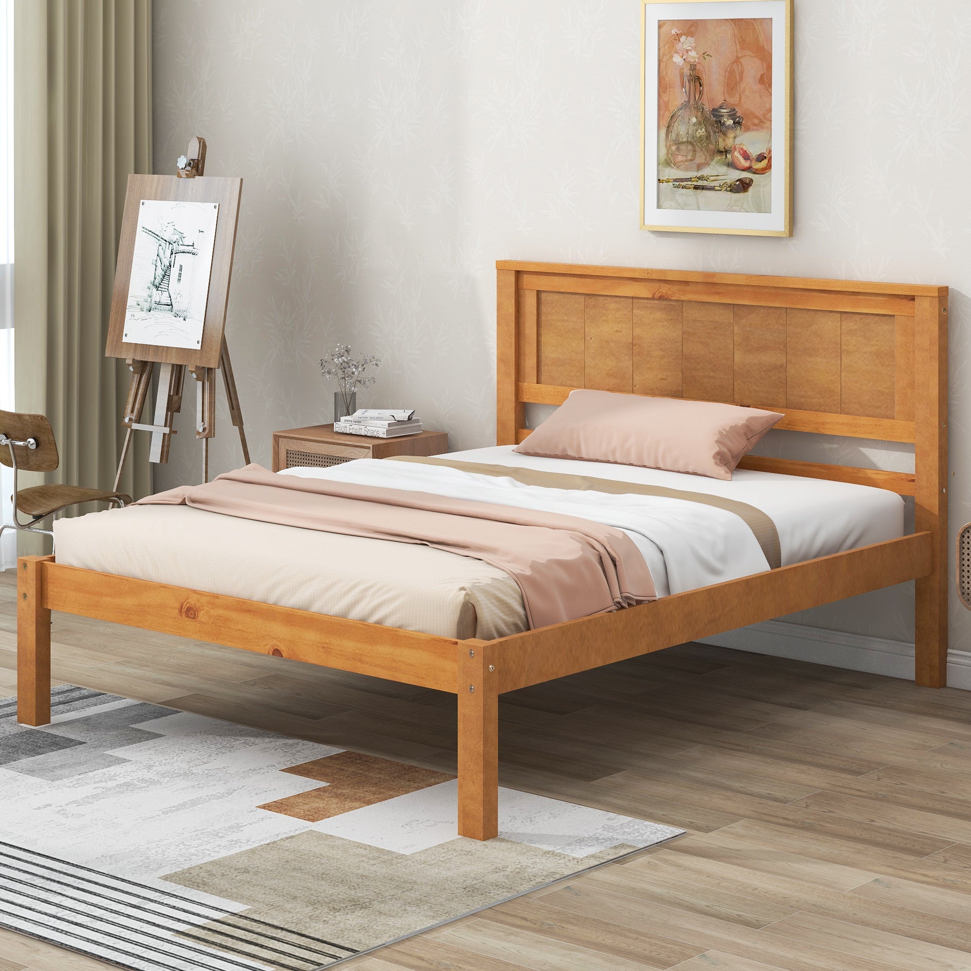 Platform Bed Frame with Headboard , Wood Slat Support , No Box Spring Needed ,Twin,Oak - Atlantic Fine Furniture Melbourne FL