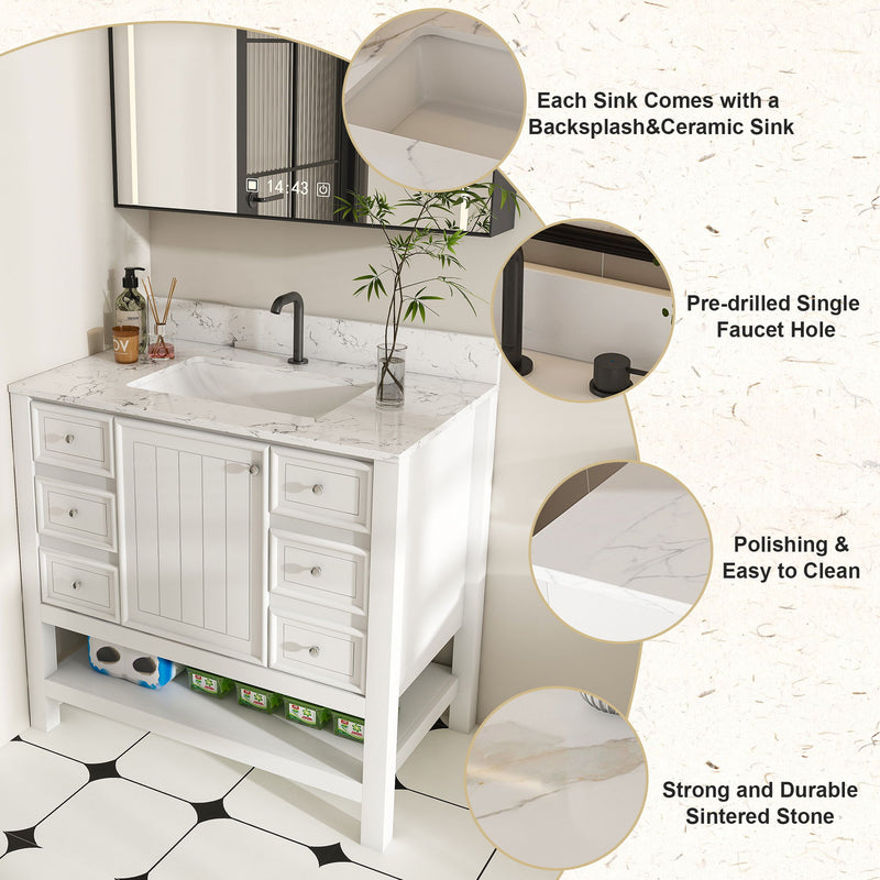 37" Bathroom Vanity, Multi Functional Cabinet With Doors And Drawers, Frame, Single Faucet Hole - White