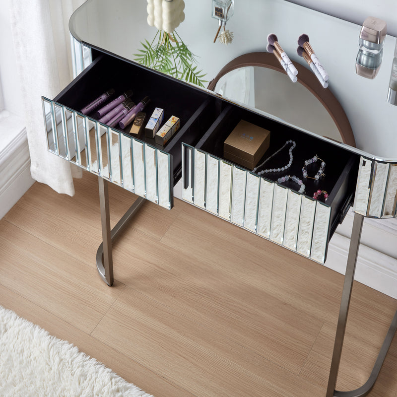 Mirrored Makeup Vanity Table With Stainless Steel Base And 2 Drawers