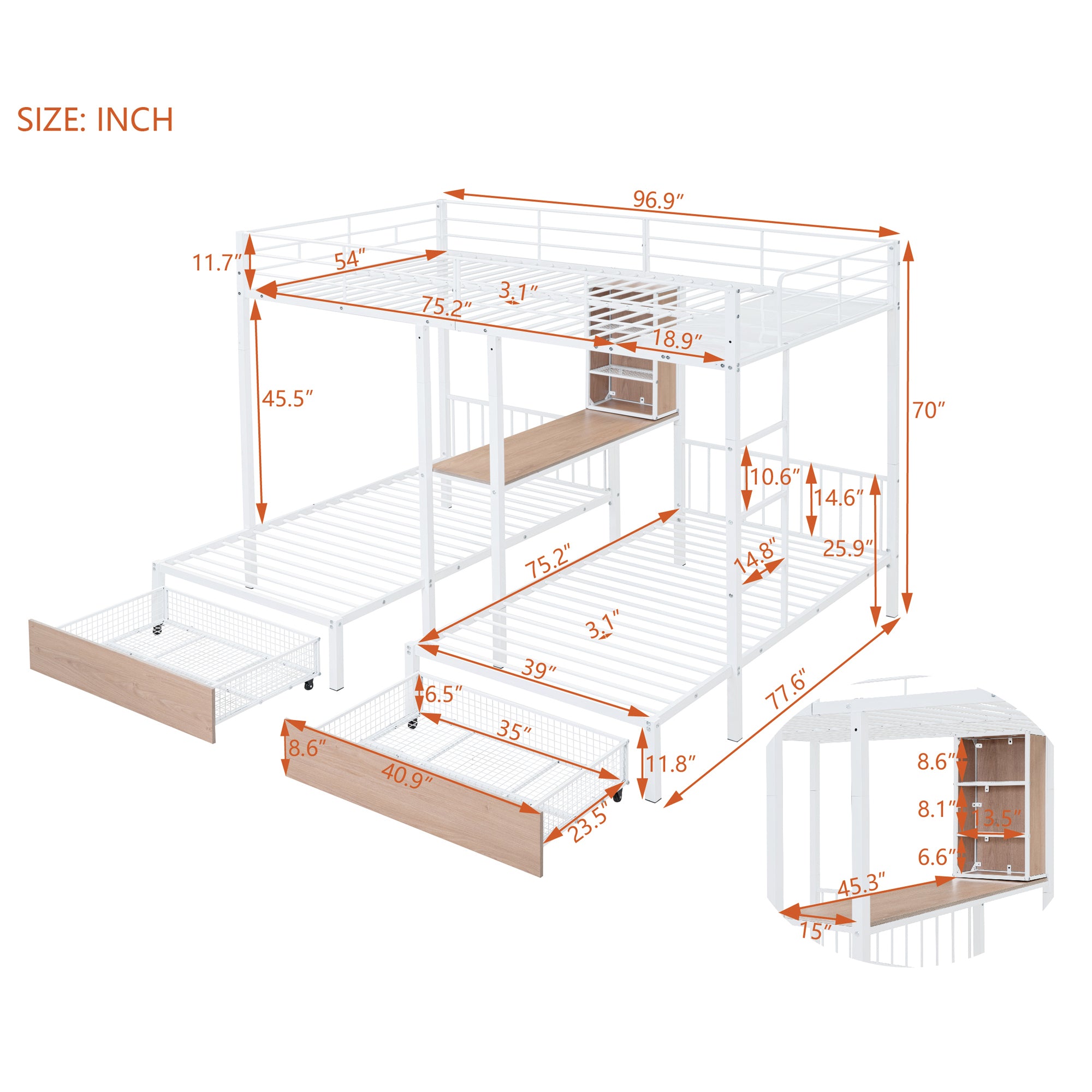 Full Over Twin & Twin Triple Bunk Bed with Drawers, Multi-functional Metal Frame Bed with desks and shelves in the middle, White - Atlantic Fine Furniture Melbourne FL
