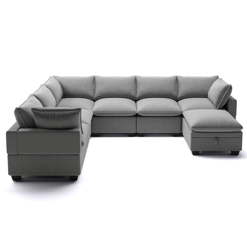 Modern U Shape Modular Sofa With Storage Ottoman, Luxury 7 Seat Sectional Couch Set With 2 Pillows Included, Freely Combinable Indoor Funiture For Living Room, Apartment - Gray