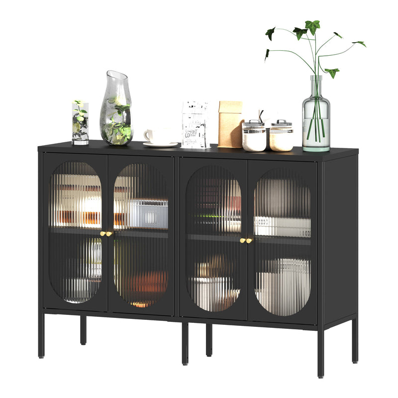 Modern Metal Sideboard Cabinet With 4 Glass Doors, Steel Kitchen Storage And Coffee Bar Cabinet - Black