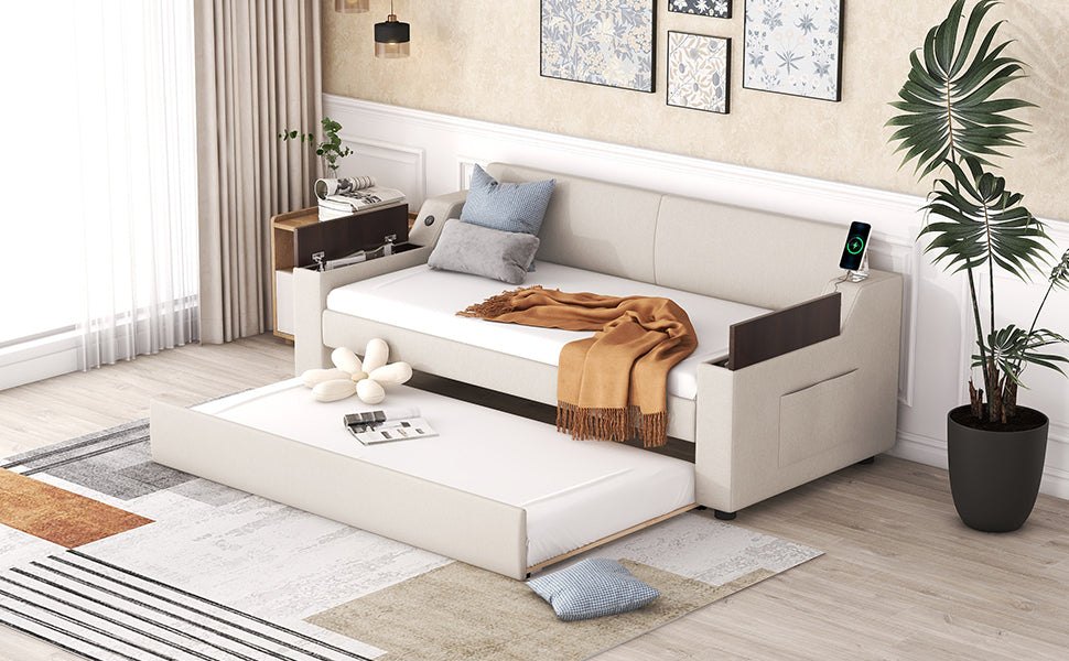 Twin Size Upholstery Daybed with Storage Arms, Trundle and USB Design, Beige - Atlantic Fine Furniture Melbourne FL
