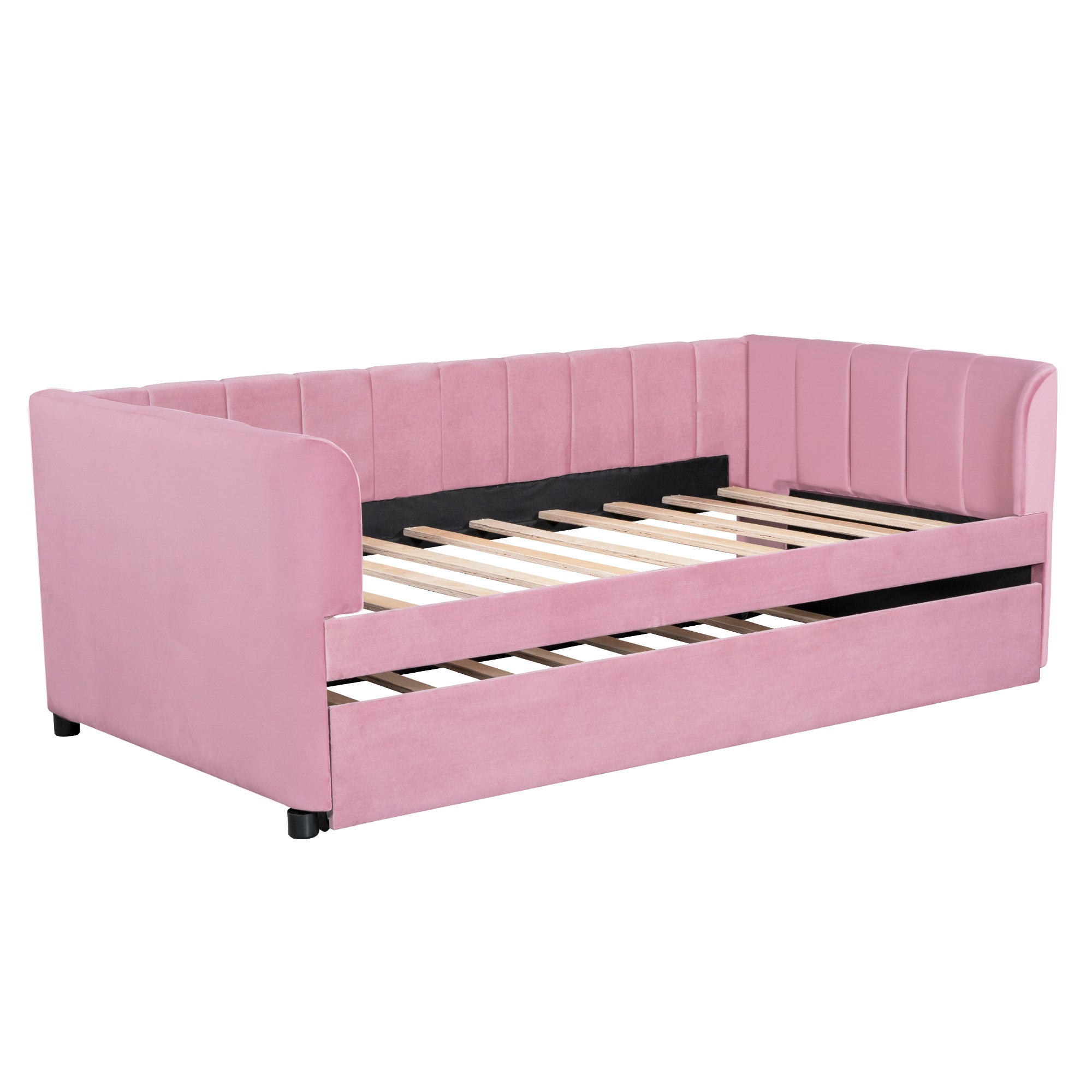 Twin Size Upholstered Daybed with Ergonomic Design Backrest and Trundle, Pink - Atlantic Fine Furniture Melbourne FL