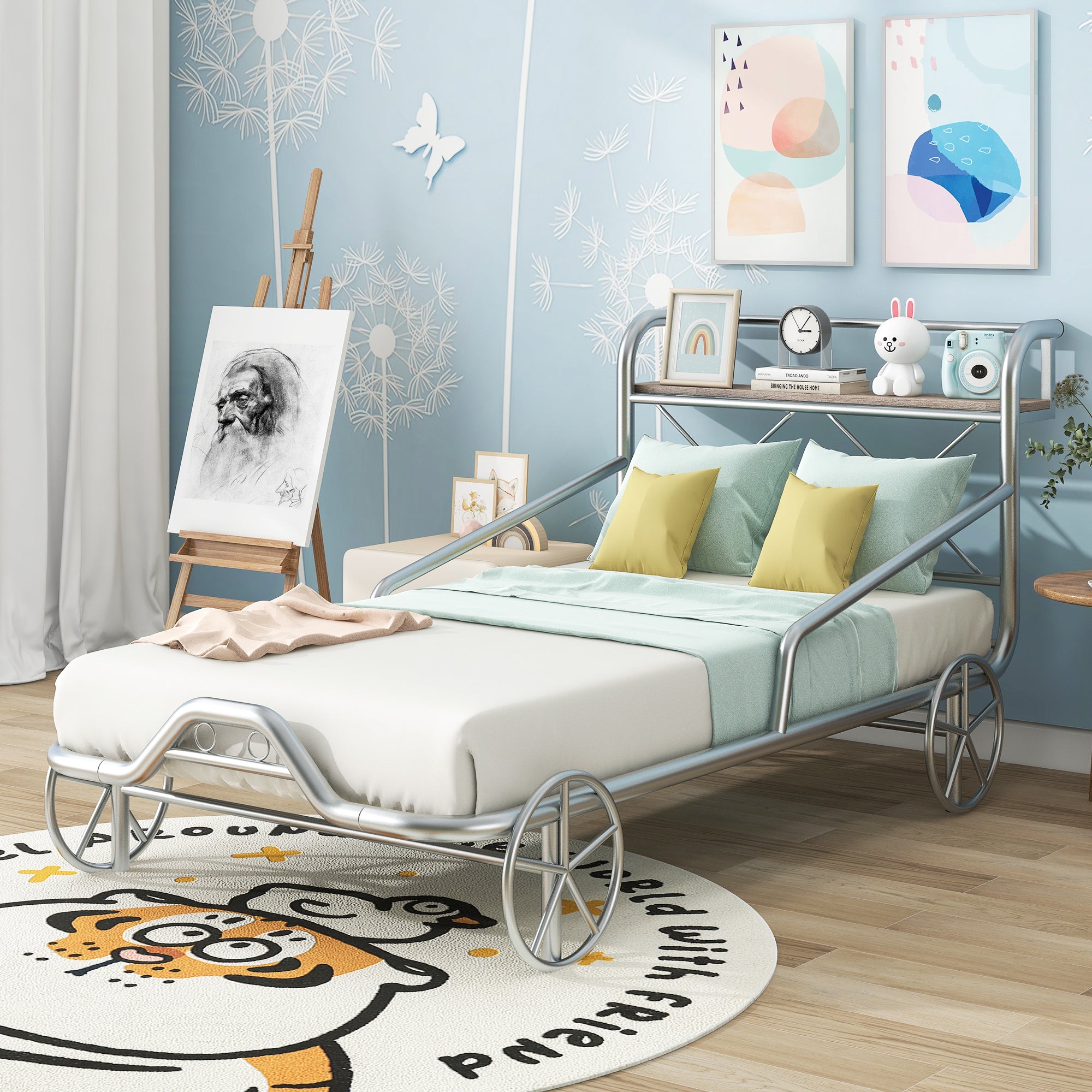Twin Size Metal Car Bed with Four Wheels, Guardrails and  X-Shaped Frame Shelf, Silver(Old SKU: MF297599AAN) - Atlantic Fine Furniture Melbourne FL