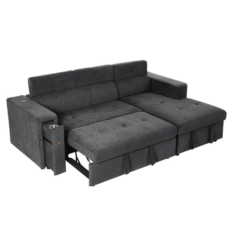 Multi-Functional Pull-Out Sofa Bed L-Shape Sectional Sofa With Adjustable Headrest, Wireless Charging, Cup Holders And Hidden Storage For Living Room