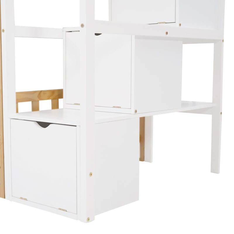 Stairway Twin-Over-Twin Bunk Bed,House Bed,Storage and Guard Rail,Natural Bed +White Stair(OLD SKU :LT000308AAK)