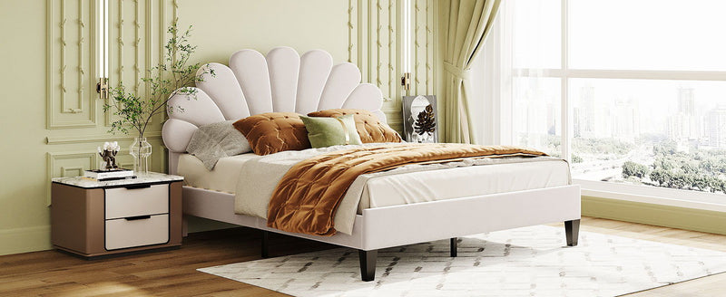 Upholstered Platform Bed With Flower Pattern Velvet Headboard