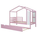 Twin Size Wood House Bed with Fence and Writing Board,Pink