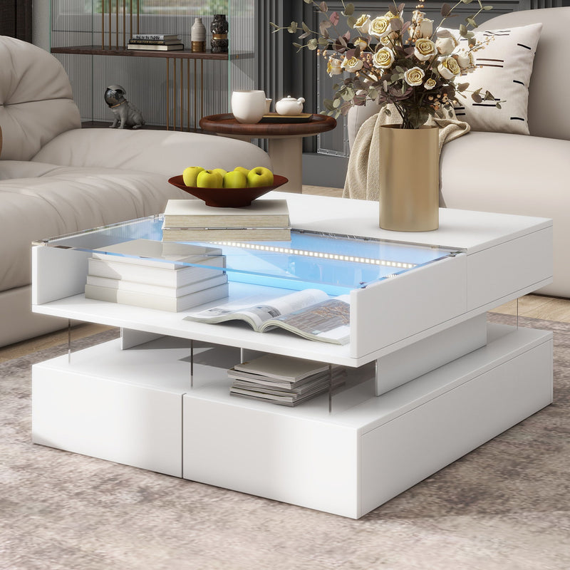 Lift Top Coffee Table With 2 Drawers, Hidden Space And LED Lights For Living Room