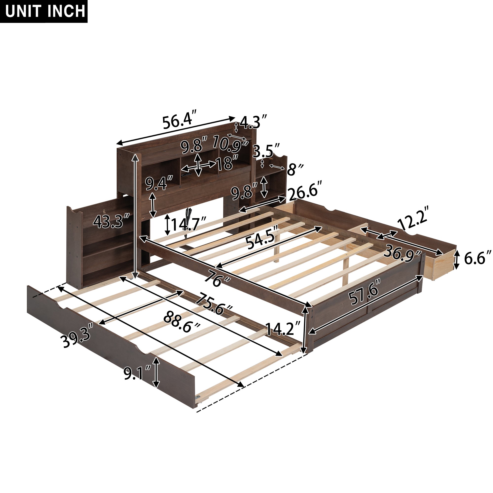 Full Size Storage Platform Bed with Pull Out Shelves, Twin Size Trundle and 2 Drawers, Espresso - Atlantic Fine Furniture Melbourne FL