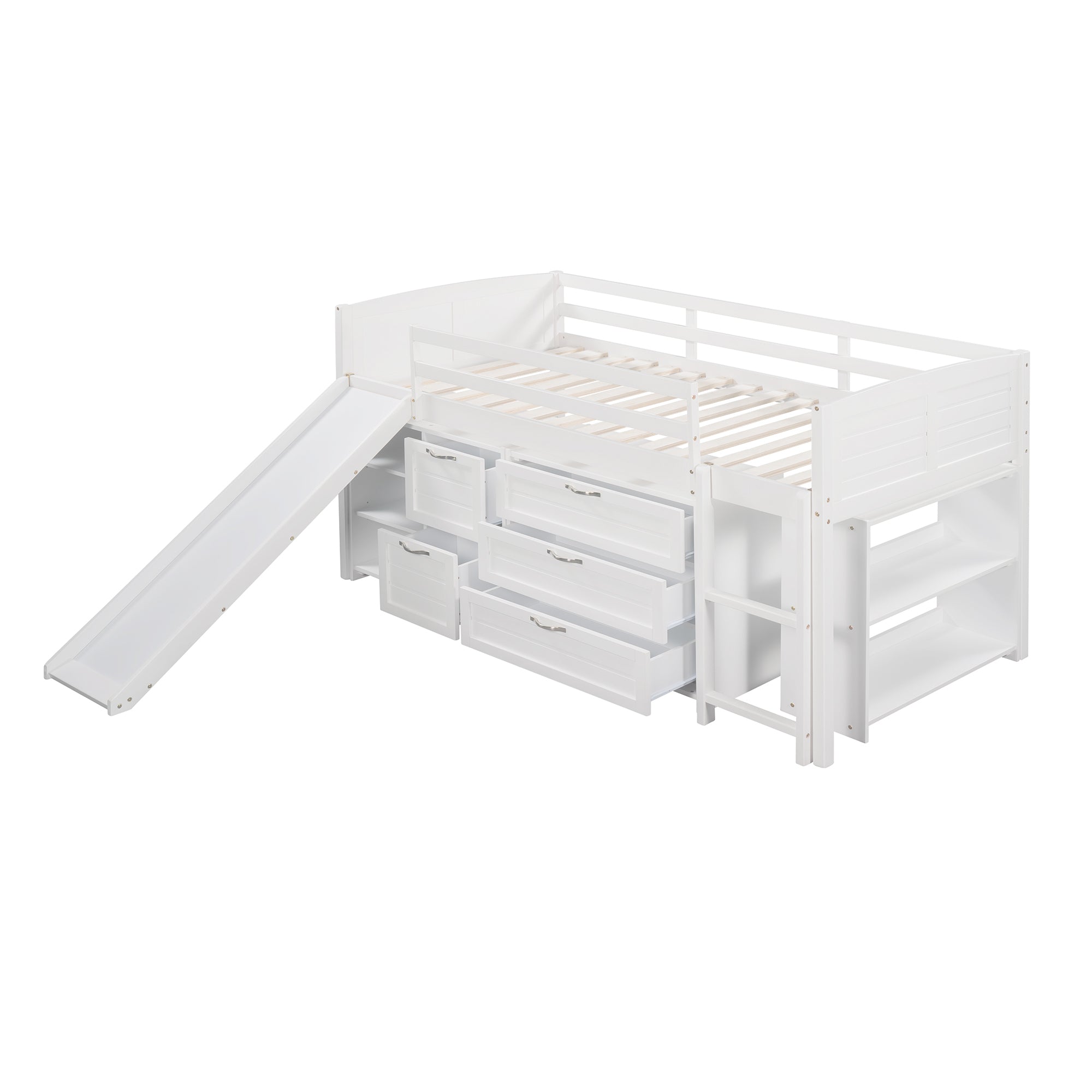 Low Twin Size Loft Bed with Cabinets, Shelves and Slide - White(OLD SKU :LP000503AAK) - Atlantic Fine Furniture Melbourne FL