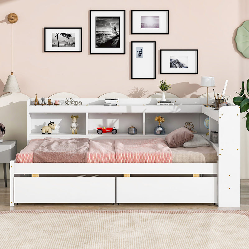 Twin Bed With L-Shaped Bookcases, Drawers