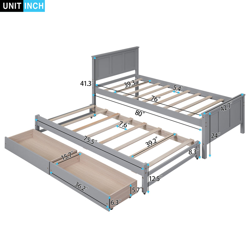 Twin Size Platform Bed with Trundle and Drawers, Gray