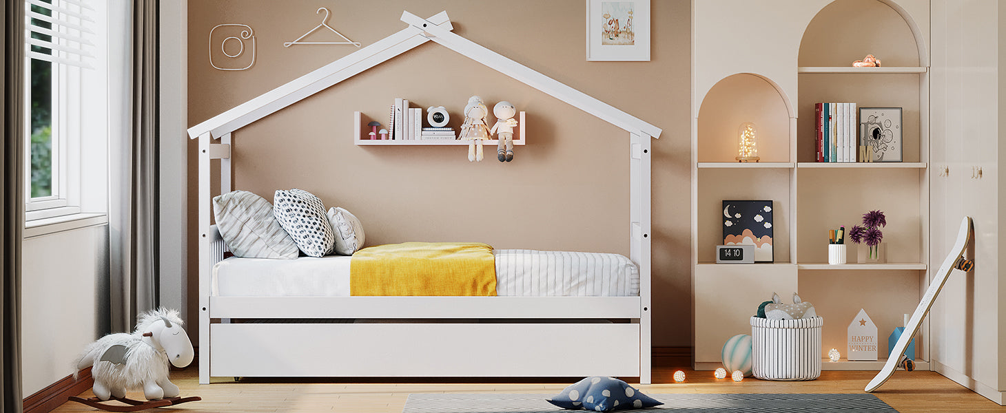 Twin Size Wooden House Bed with Twin Size Trundle, White - Atlantic Fine Furniture Melbourne FL