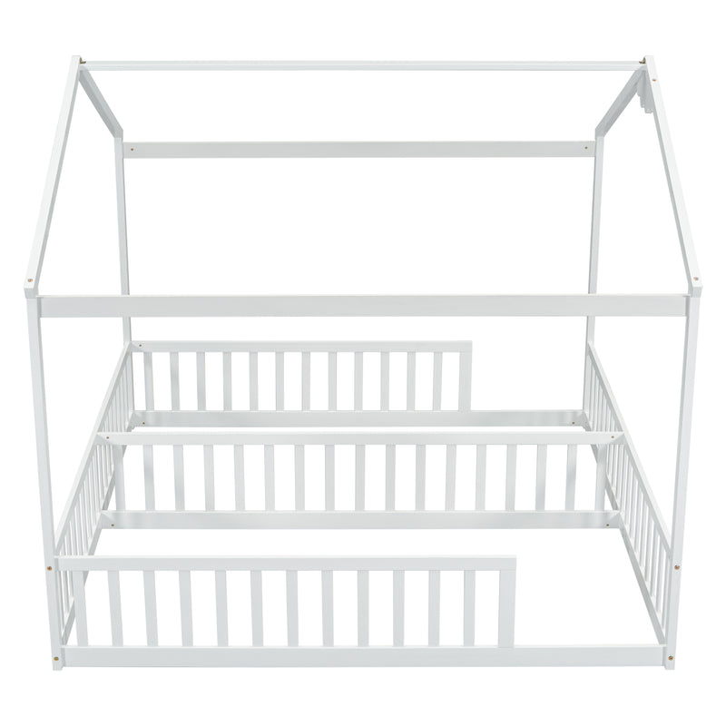 Double Twin House-Style Floor Bed with Fence, Guardrails, without door, White