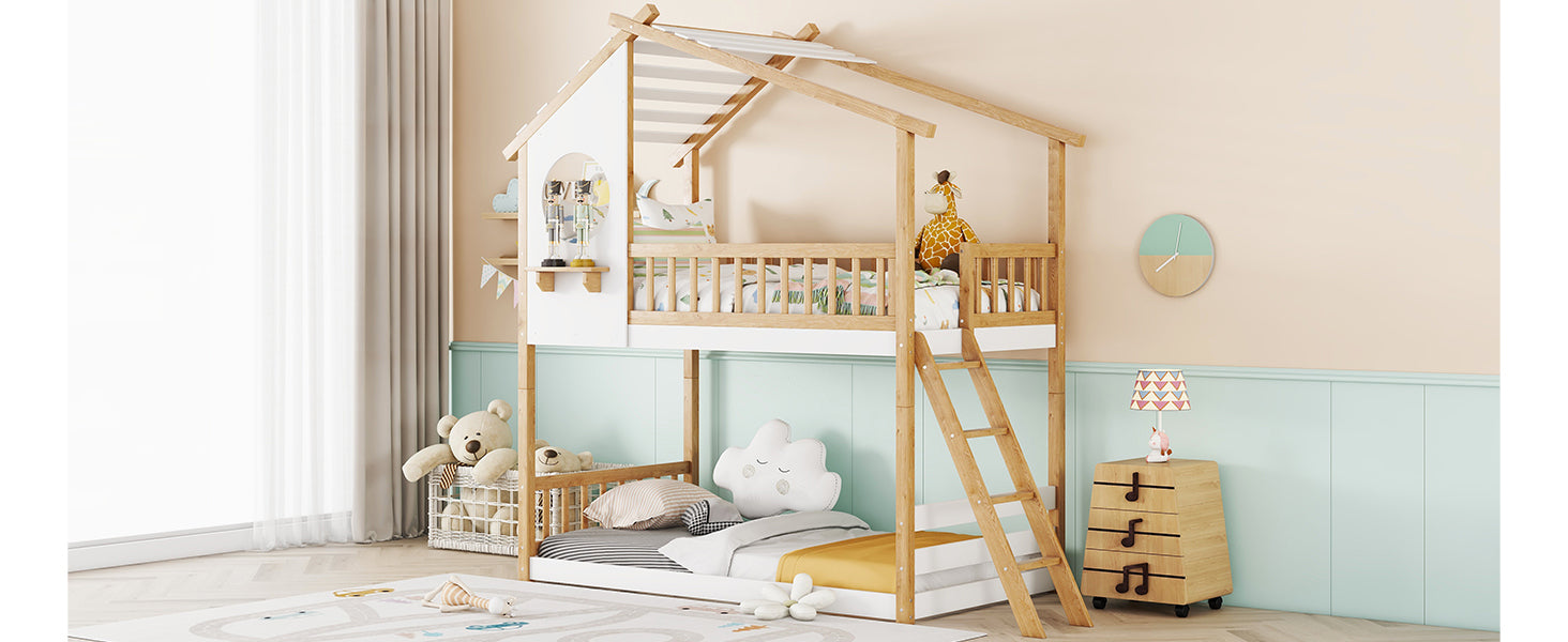 Twin Over Twin Bunk Bed Wood Bed with Roof, Window, Ladder,Natural(OLD SKU :LT100008AAD) - Atlantic Fine Furniture Melbourne FL