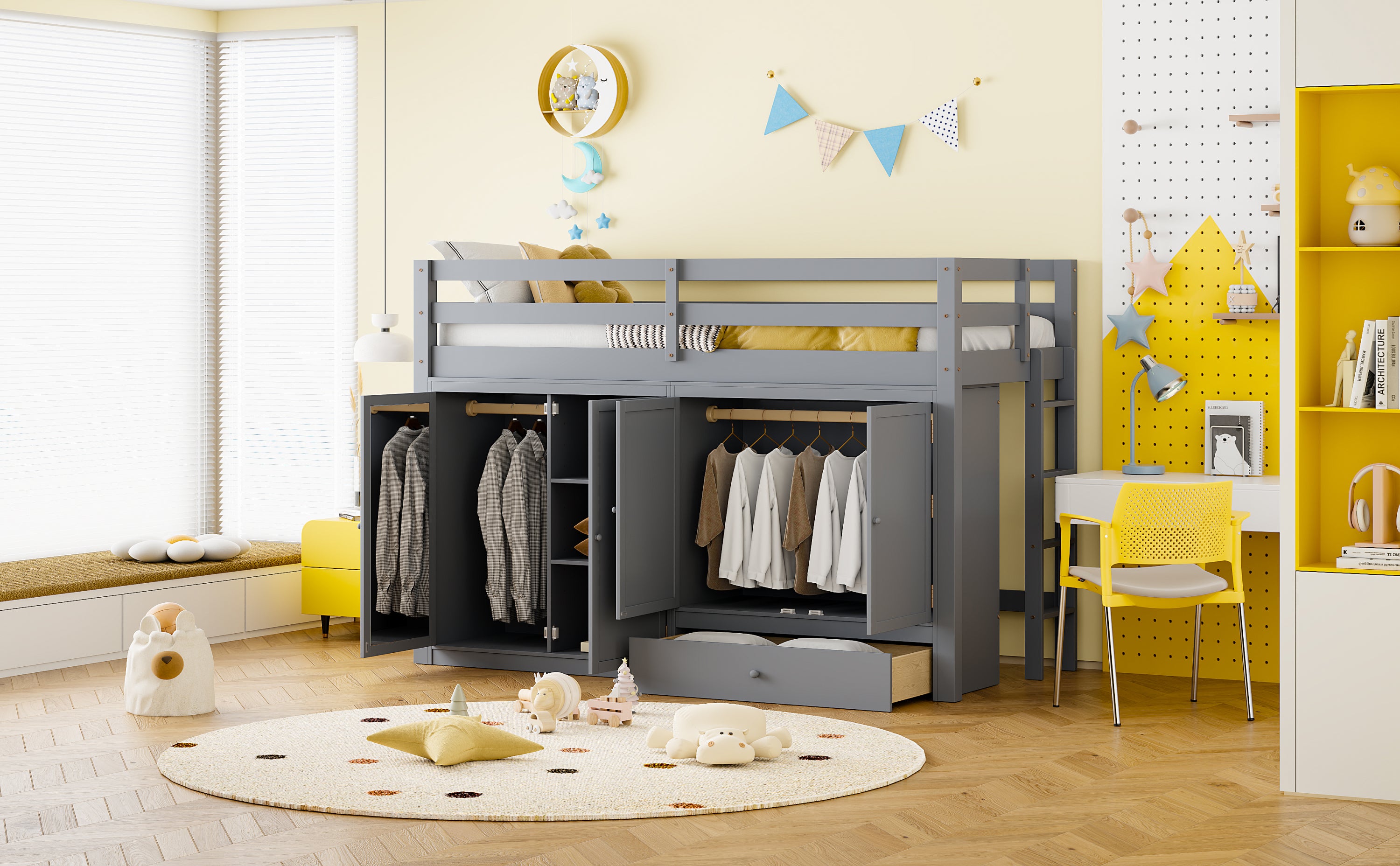 Twin size Loft Bed with Drawer, Two Wardrobes and Mirror, Gray - Atlantic Fine Furniture Melbourne FL