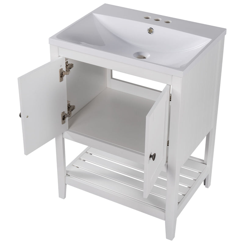 Modern Sleek Bathroom Vanity Elegant Ceramic Sink With Solid Wood Frame Open Style Shelf - White