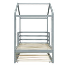 Twin Size Wood House Bed with Fence and Writing Board, Gray