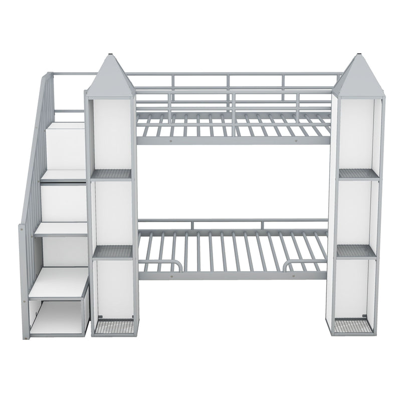 Metal Twin Over Twin Castle-Shaped Bunk Bed With Wardrobe And Multiple Storage - Gray / White