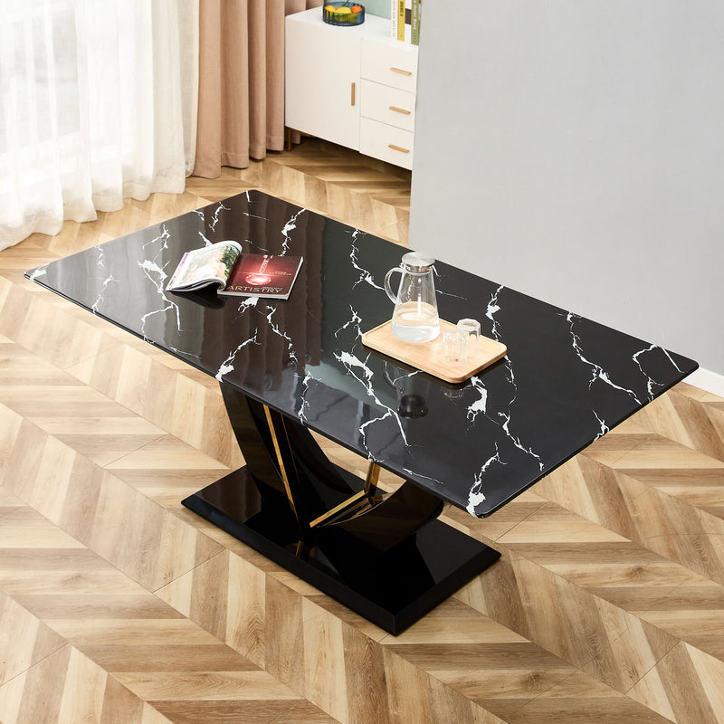 Modern Minimalist Luxurious Imitation Marble Dining Table Rectangular Office Desk With Tempered Glass - Black