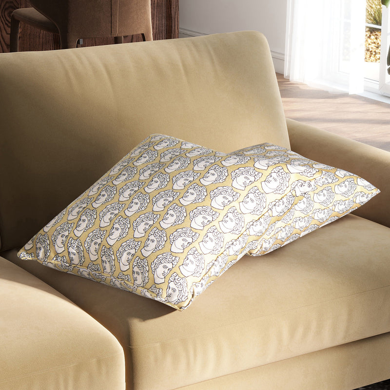 La Broderie - Square Embroidered Throw Pillow / Feather Down Insert - Apollo Bust Gold / Cream Embroidery