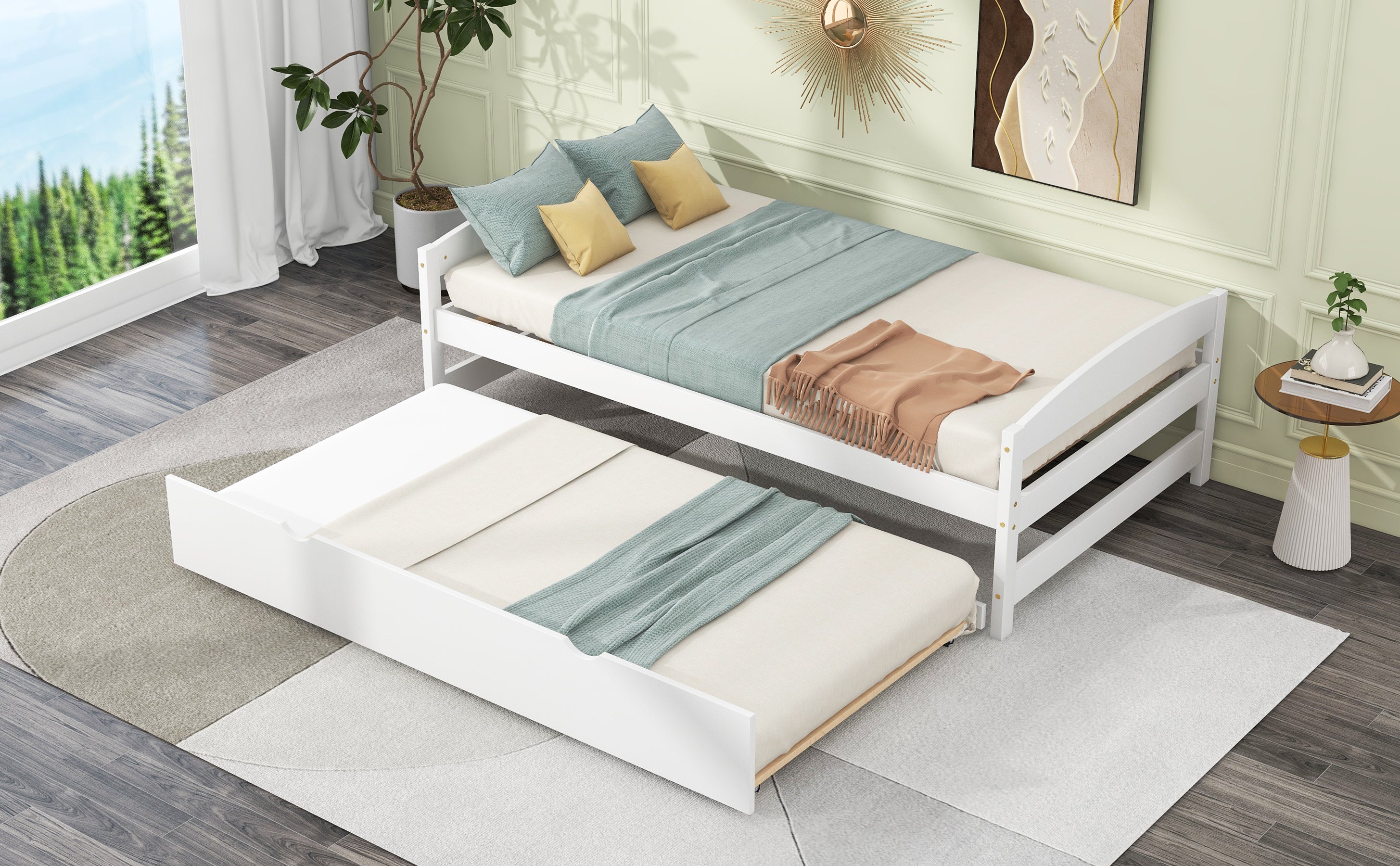 Twin Size Platform Bed with Twin Size Trundle, White - Atlantic Fine Furniture Melbourne FL