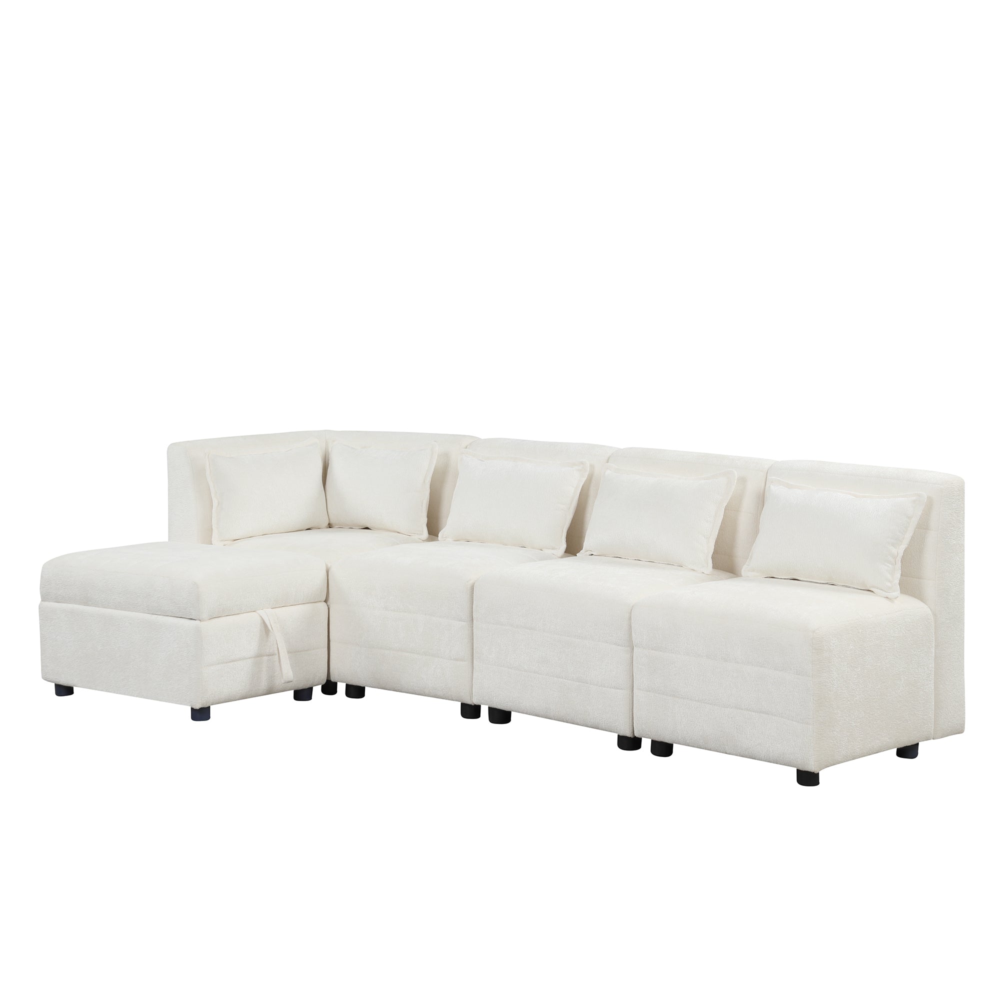 Free-Combined Sectional Sofa 5-seater Modular Couches with Storage Ottoman, 5 Pillows for Living Room, Bedroom, Office, Cream