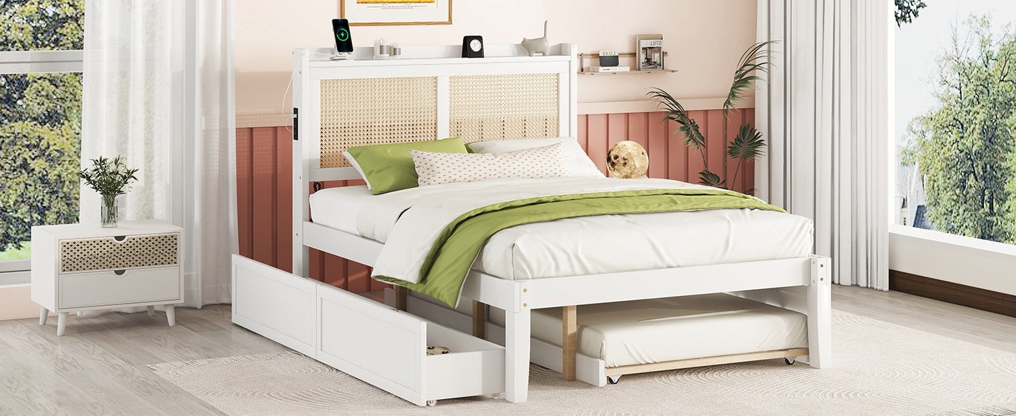 Full Size Elegant Bed Frame with Rattan Headboard and Sockets ,White - Atlantic Fine Furniture Melbourne FL