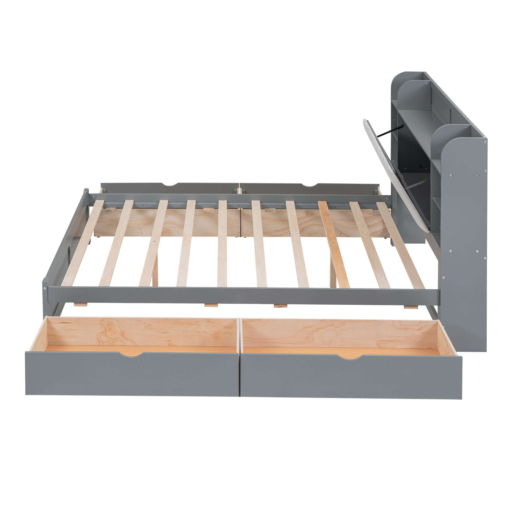 Wood Queen Size Platform Bed with Storage Headboard, Shelves and 4 Drawers, Gray - Atlantic Fine Furniture Melbourne FL