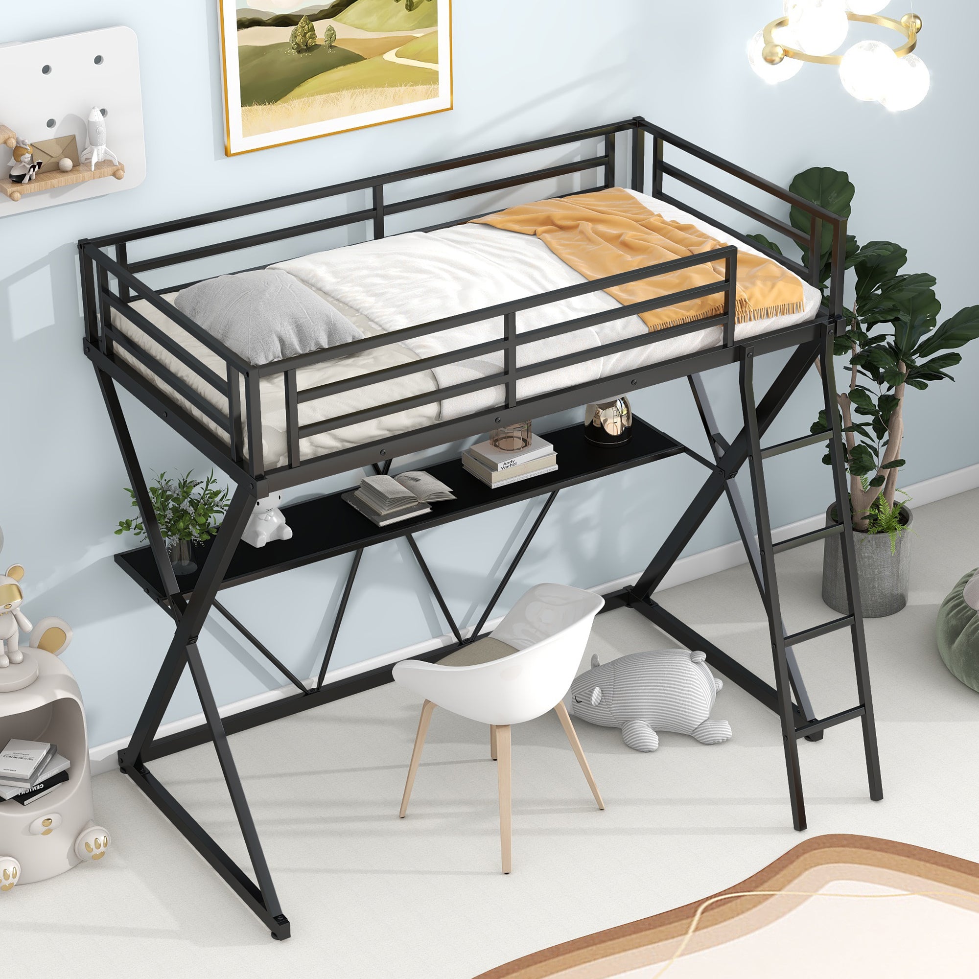 Twin Size Loft Bed with Desk, Ladder and Full-Length Guardrails, X-Shaped Frame, Black(Old SKU: MF297073AAB) - Atlantic Fine Furniture Melbourne FL