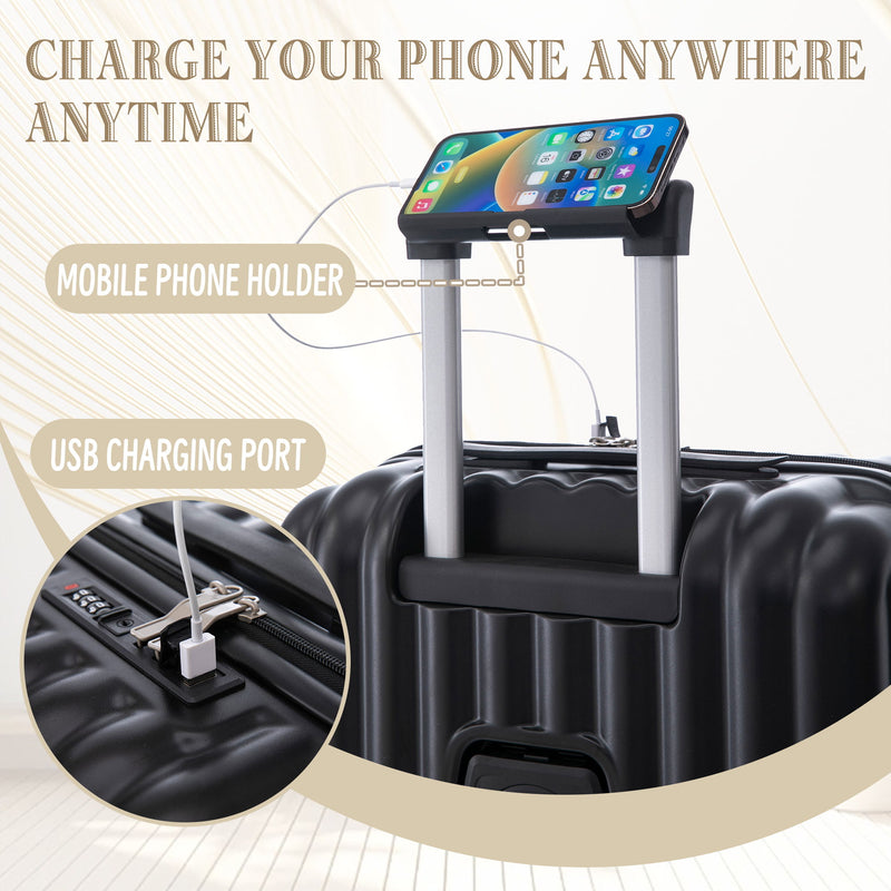 20" / 24" / 28" 3 Pieces / Set Spinner Wheel Luggage, Carry On Suitcase, With Cup Holder & USB Port & Phone Holder