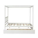 Full Size Canopy Bed with Twin Trundle, Kids Solid Wood Platform Bed Frame w/ Headboard, No Box Spring Needed White Color