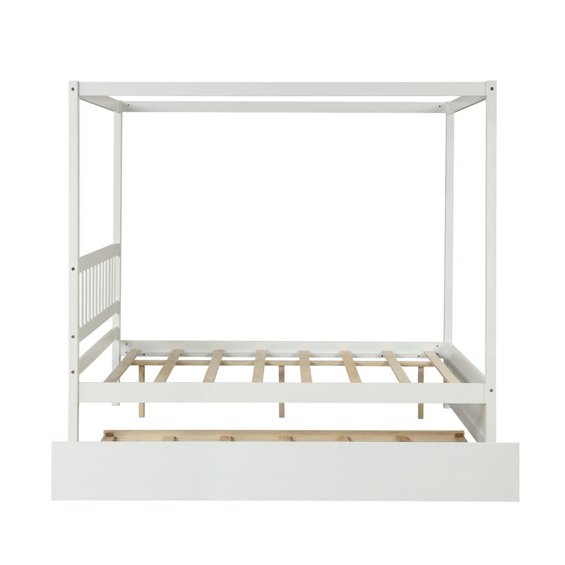 Full Size Canopy Bed with Twin Trundle, Kids Solid Wood Platform Bed Frame w/ Headboard, No Box Spring Needed White Color
