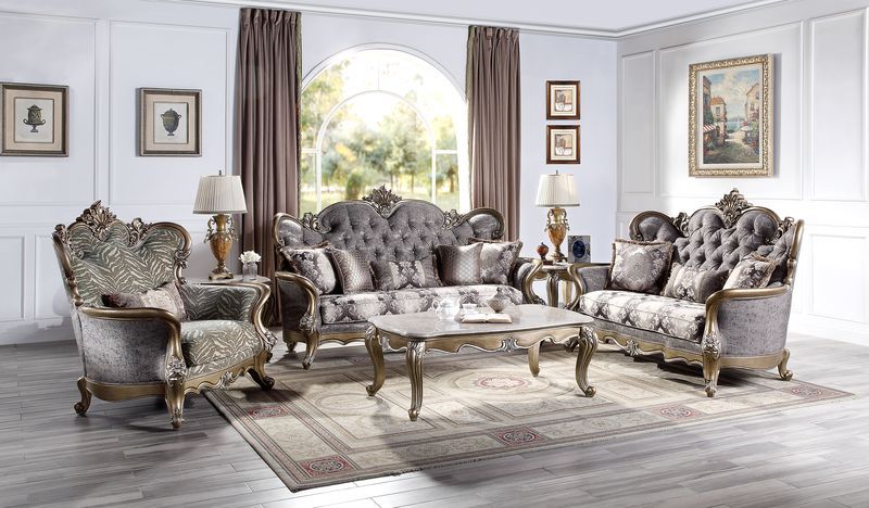 Elozzol - Sofa With 5 Pillows - Fabric & Antique Bronze