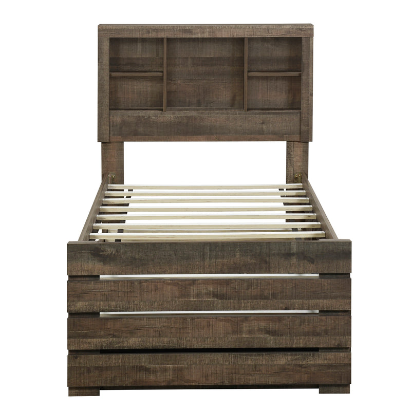 Farmhouse Style Twin Size Bookcase Captain Bed with Three Drawers and Trundle, Rustic Brown
