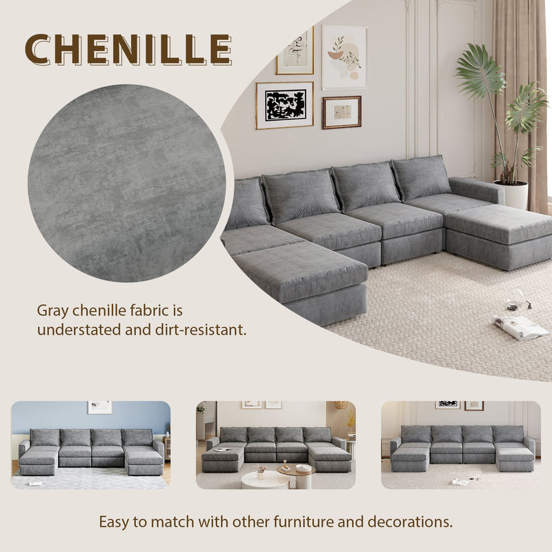 Chenille Modular Sectional Sofa, U Shaped Reversible Couch, Free Combination, 6 Seat Sleeper Sofa Bed With Ottoman, Convertible Oversized Indoor Furniture For Living Room - Gray