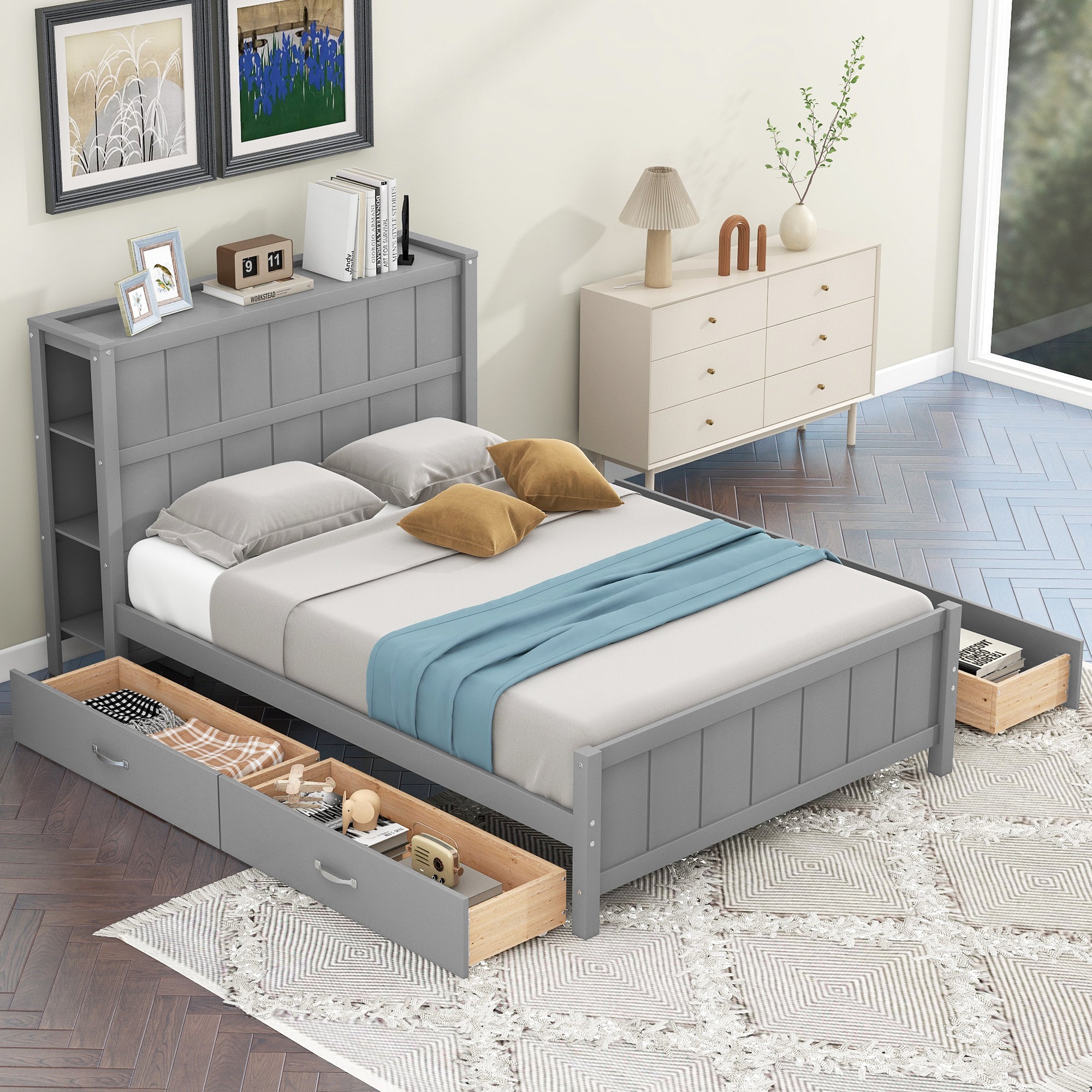 Full Size Platform Bed with Drawers and Storage Shelves, Gray - Atlantic Fine Furniture Melbourne FL