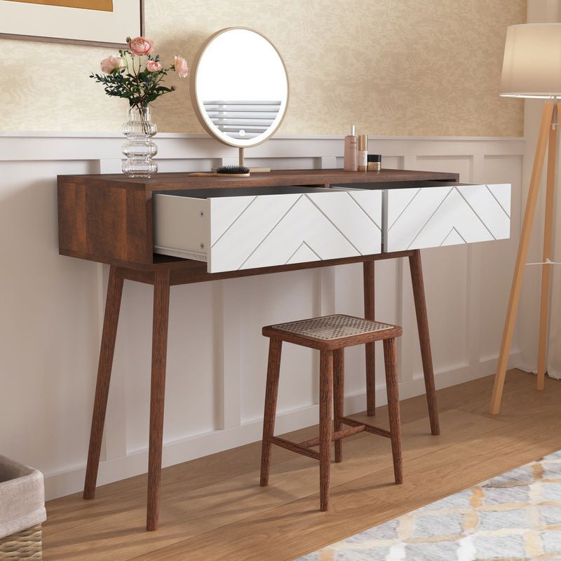 Rustic Entryway Console Table With Carved Panel Drawers And Wood Legs - Natural