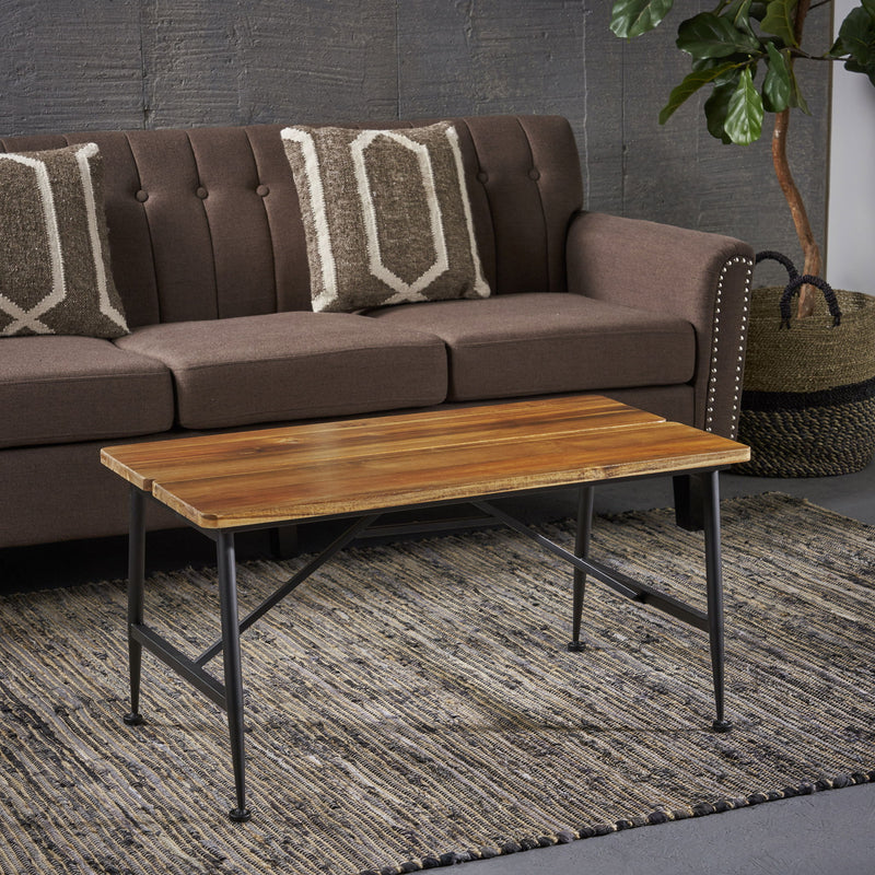 Rectangle Outdoor Coffee Table With Angled Tubular Legs And Wood Top - Black